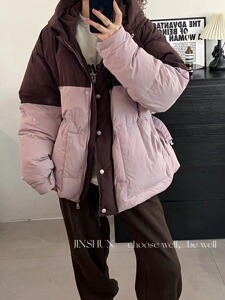 欧洲站2023冬季新款欧货 dodo+设计师款收腰显瘦撞色连帽羽绒服女