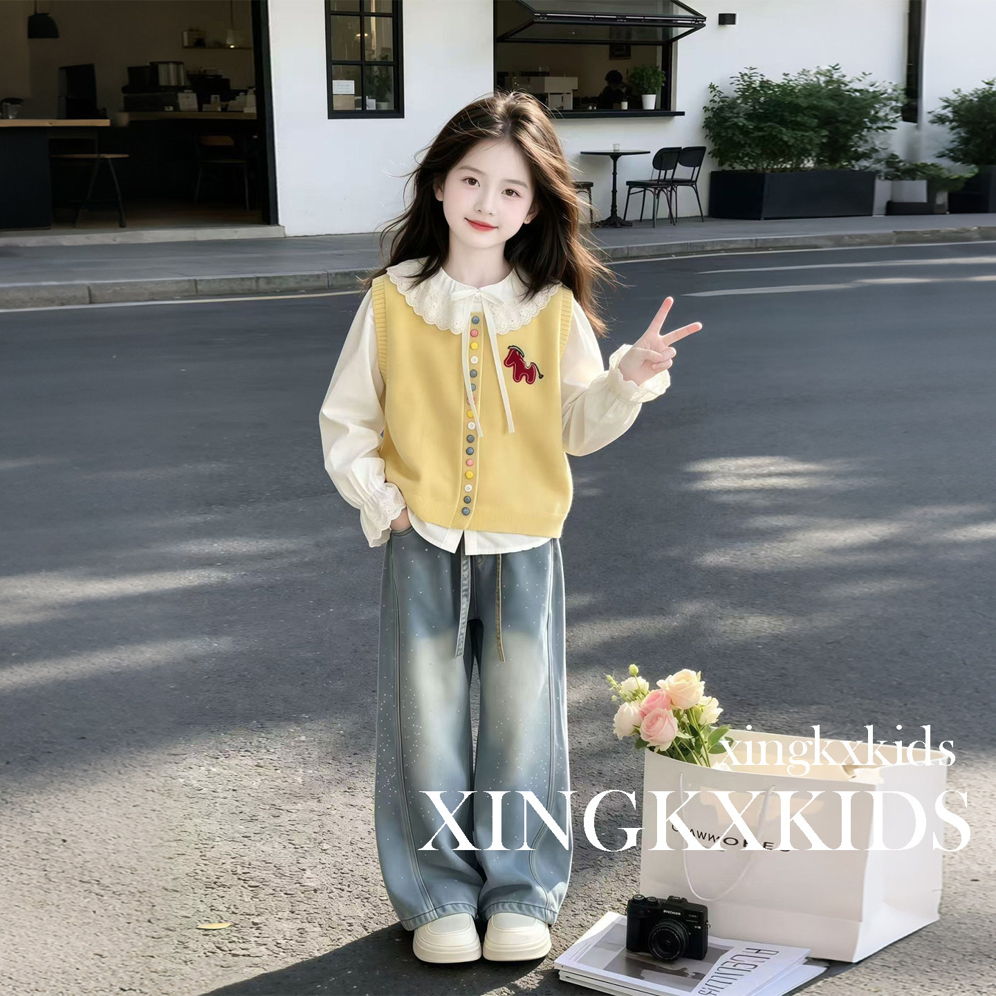 女童秋季娃娃领衬衫马甲裤三件套