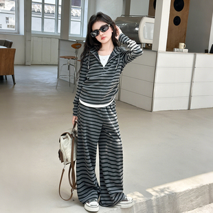 韩系条纹上衣儿童休闲裤 女童春秋款 女大童秋季 2025新款 两件套 套装