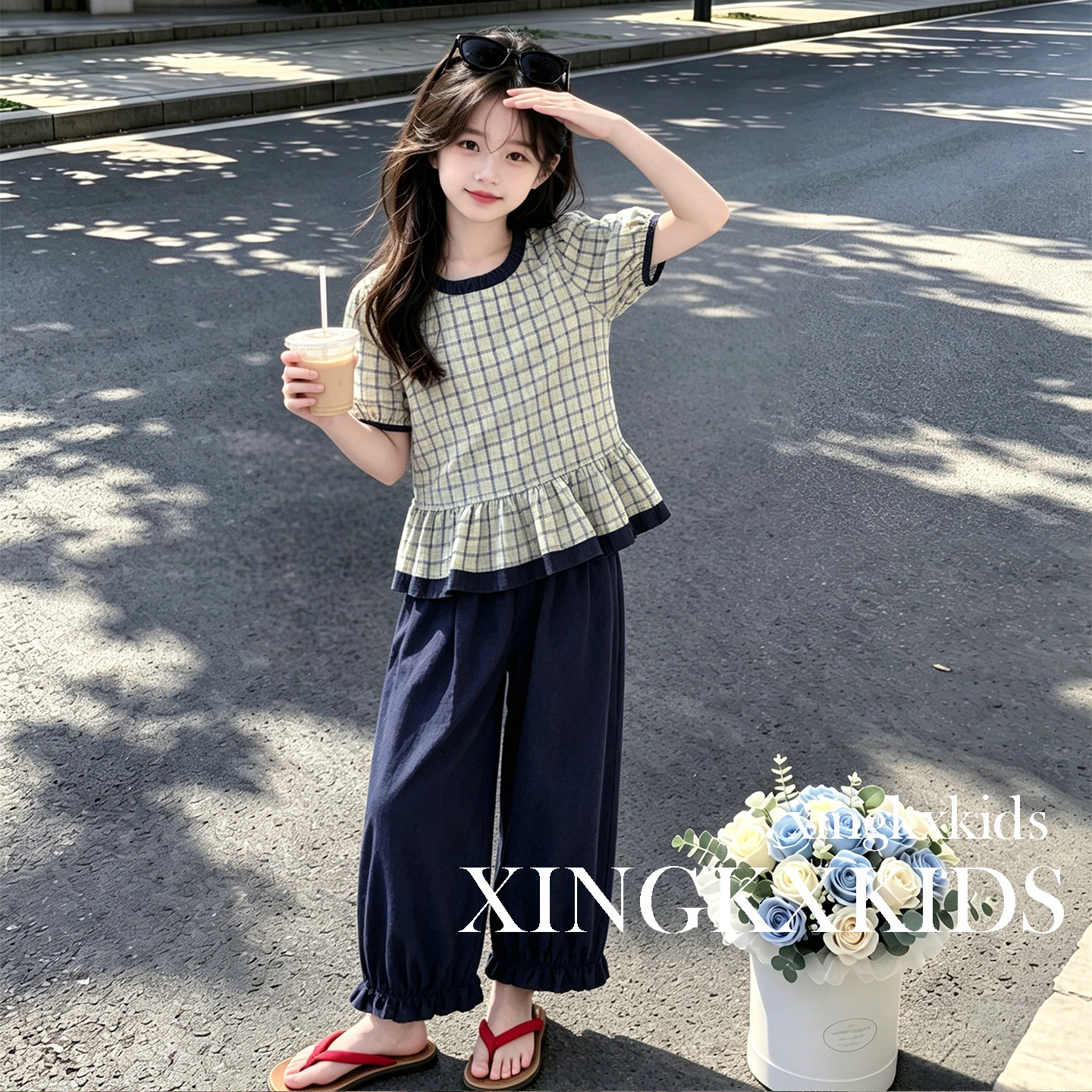 夏季甜美格子泡泡袖两件套