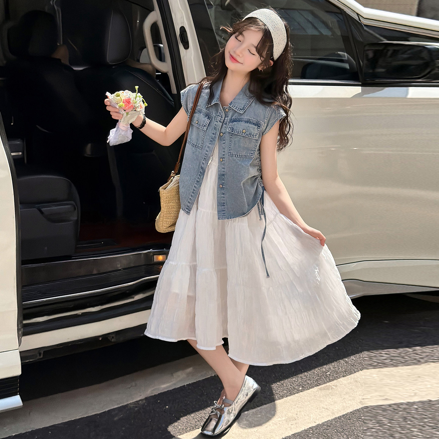 女大童夏季牛仔马甲连衣裙套装