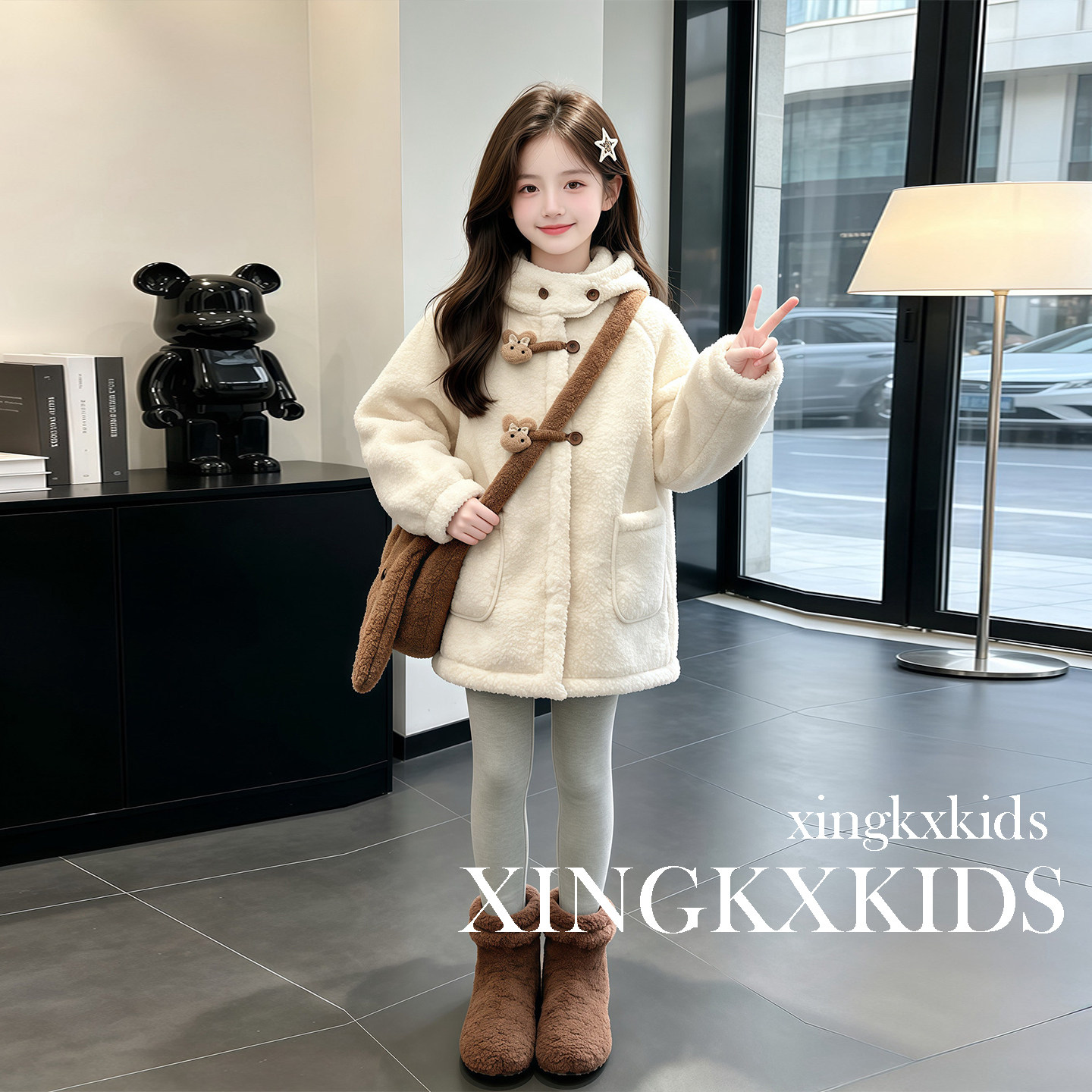 女童秋冬加绒加厚连帽中长外套