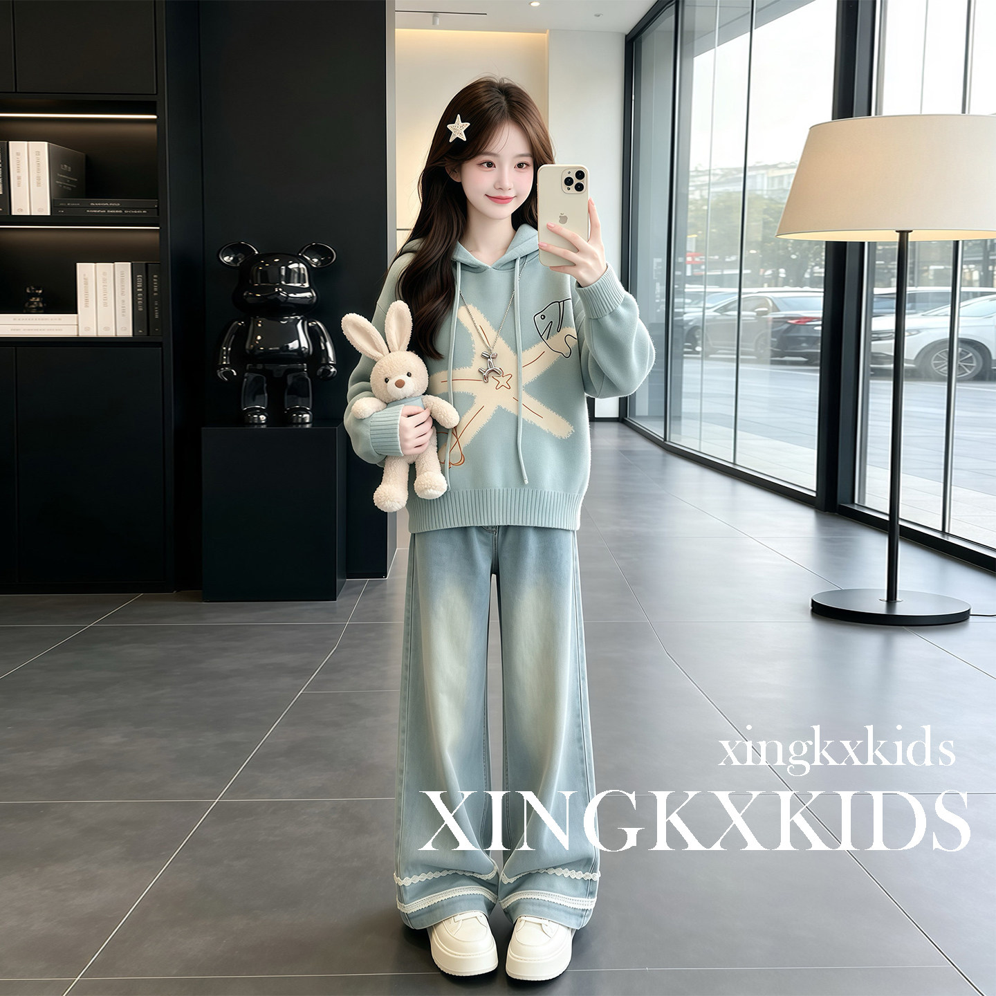 女童春秋季连帽百搭针织两件套