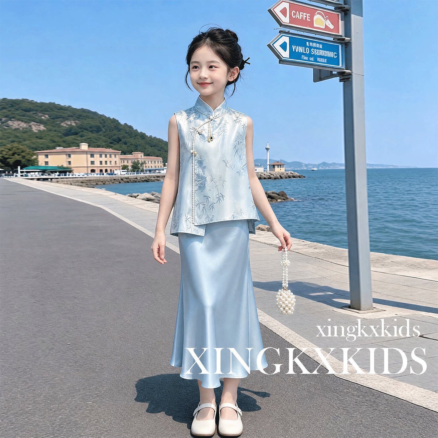 女童夏季新中式缎面汉服长裙