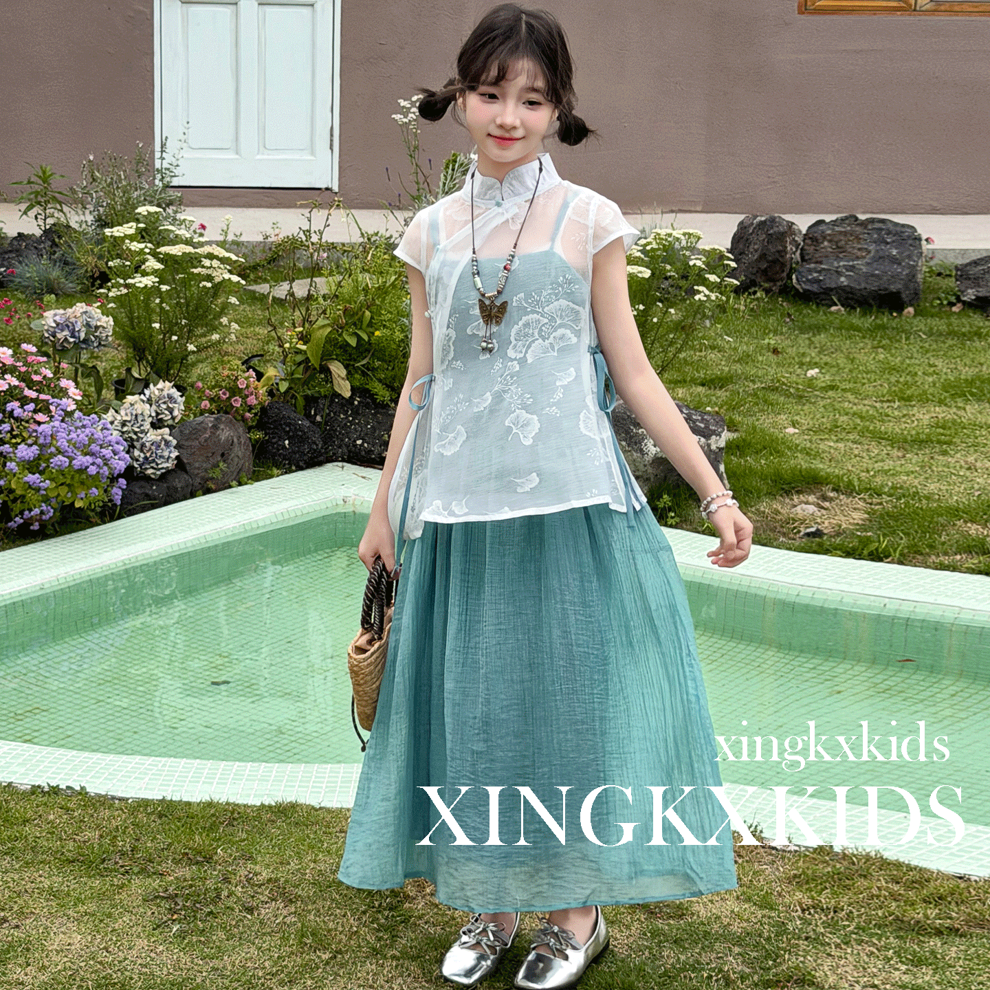 女童新中式汉服裙夏季2026新款女孩大童国风短袖套裙儿童两件套裙