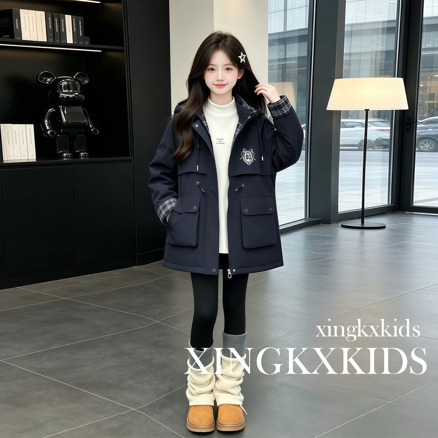 女童秋冬加绒加厚连帽派克服
