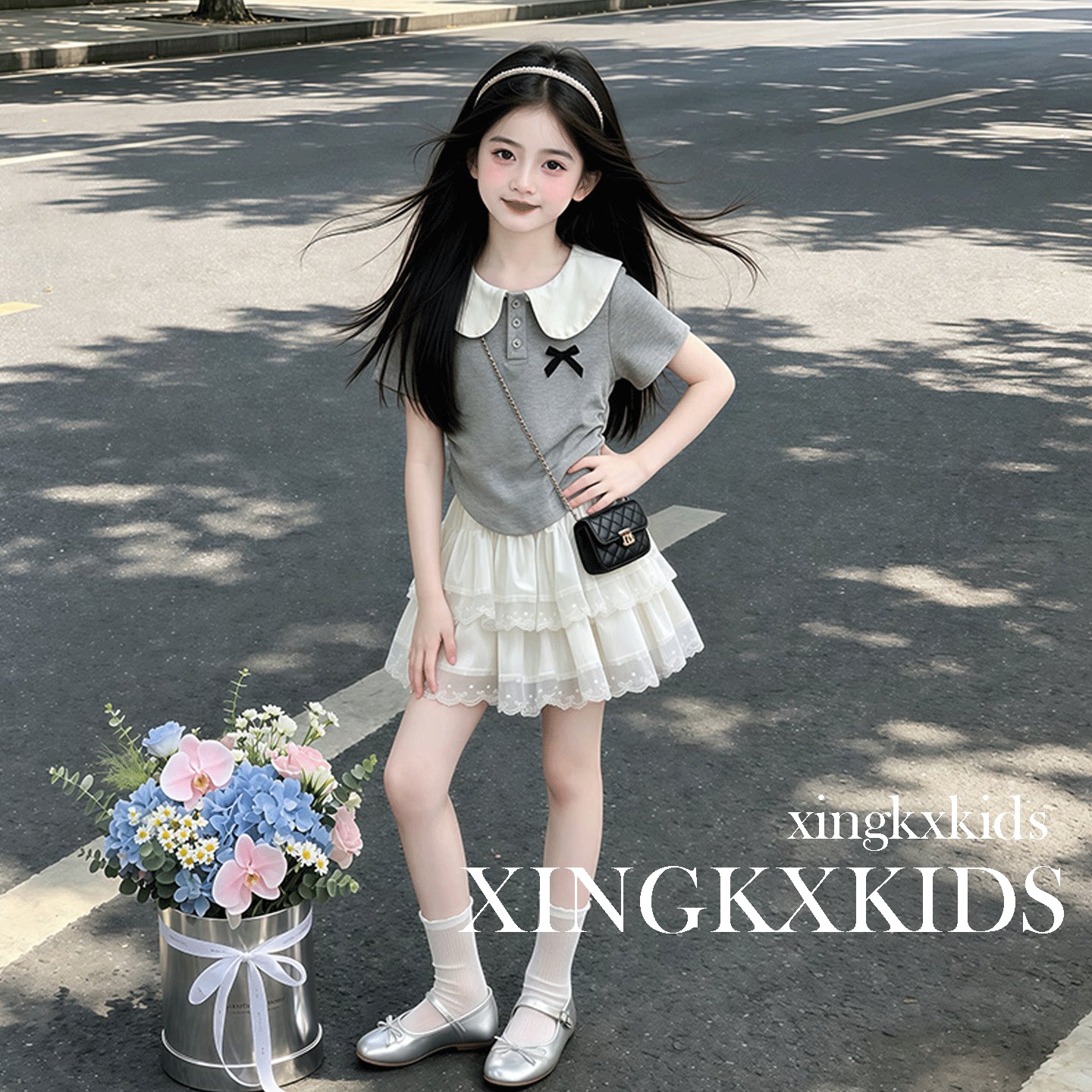 女童夏季学院风娃娃领蛋糕裙