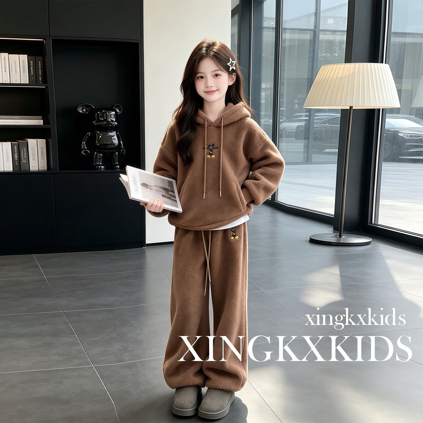 女童秋冬羊羔绒加厚卫衣阔腿裤套