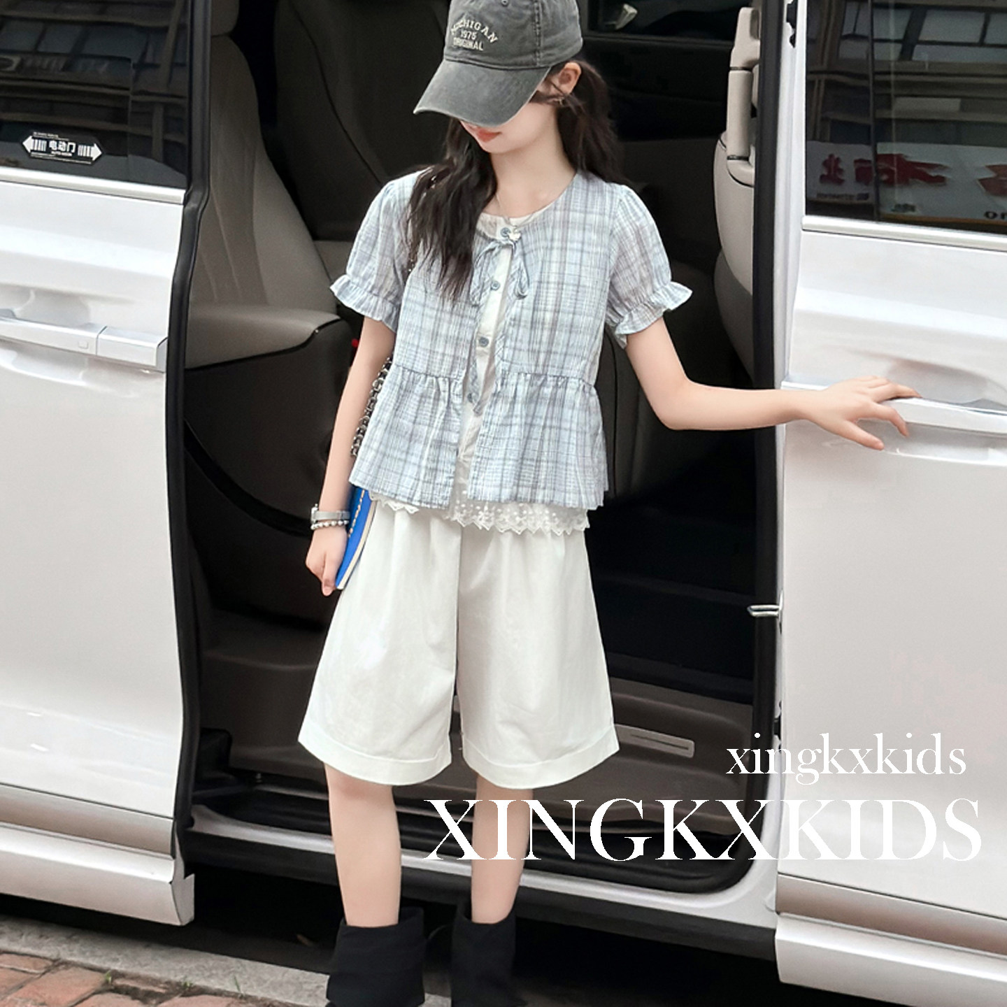 夏季女童格子衬衫套装两件套