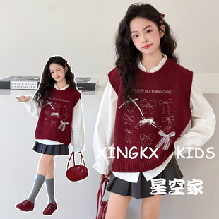 女童春装马甲套装新年衣服2026新款女大童早春百褶裙初中生三件套