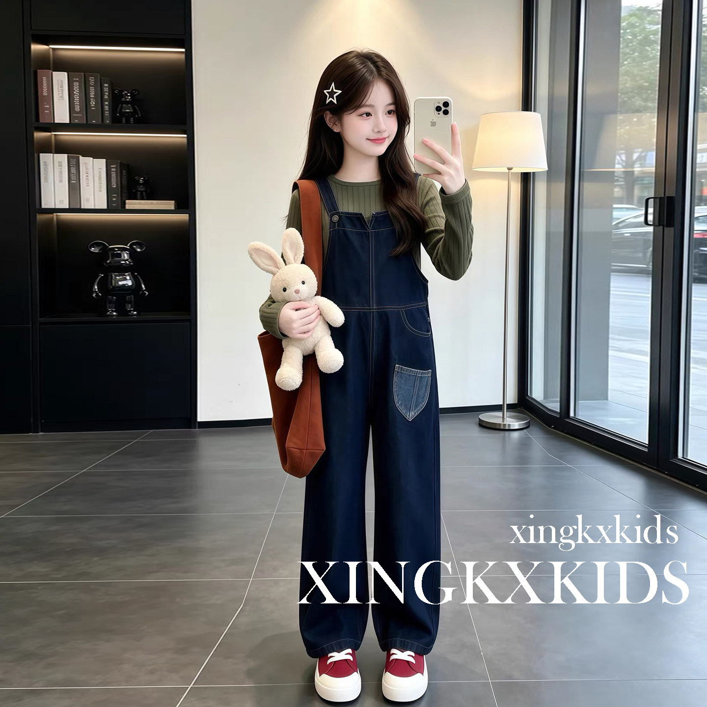 女童韩系春秋牛仔背带裤套装图片