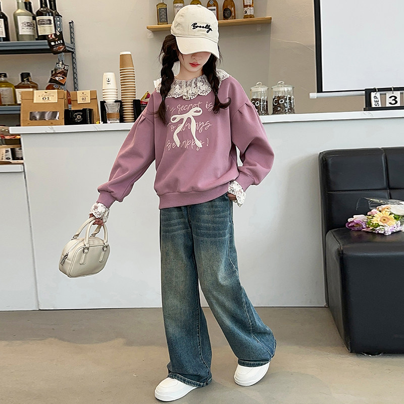2024秋装新款女大童洋气春秋季打底衫儿童牛仔阔腿裤套装