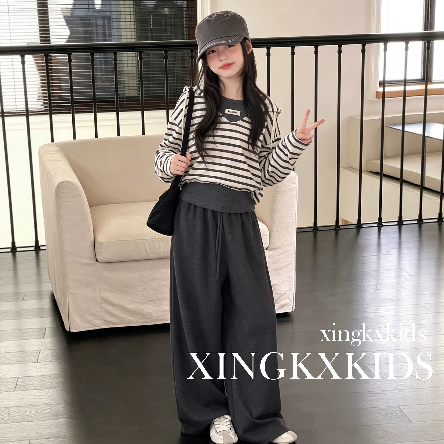 女童春秋韩系条纹卫衣套装