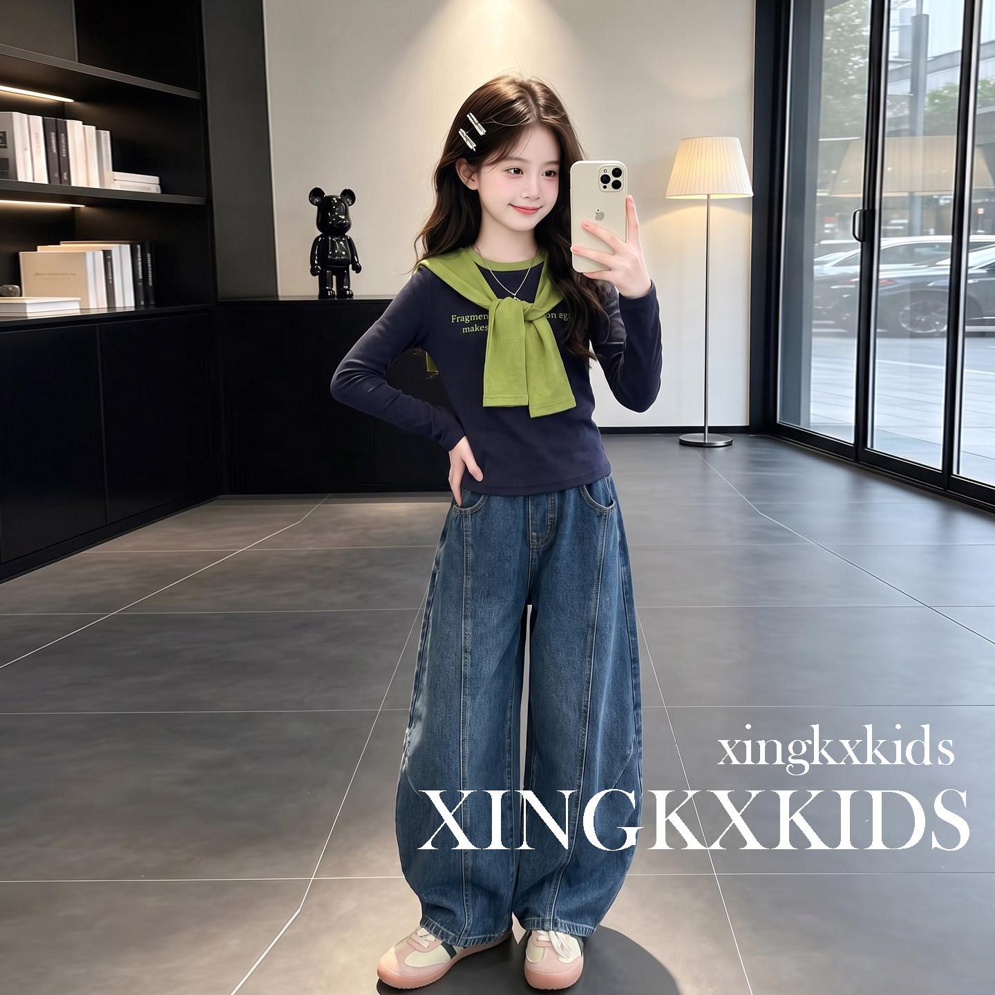 女童春秋季洋气牛仔阔腿裤两件套