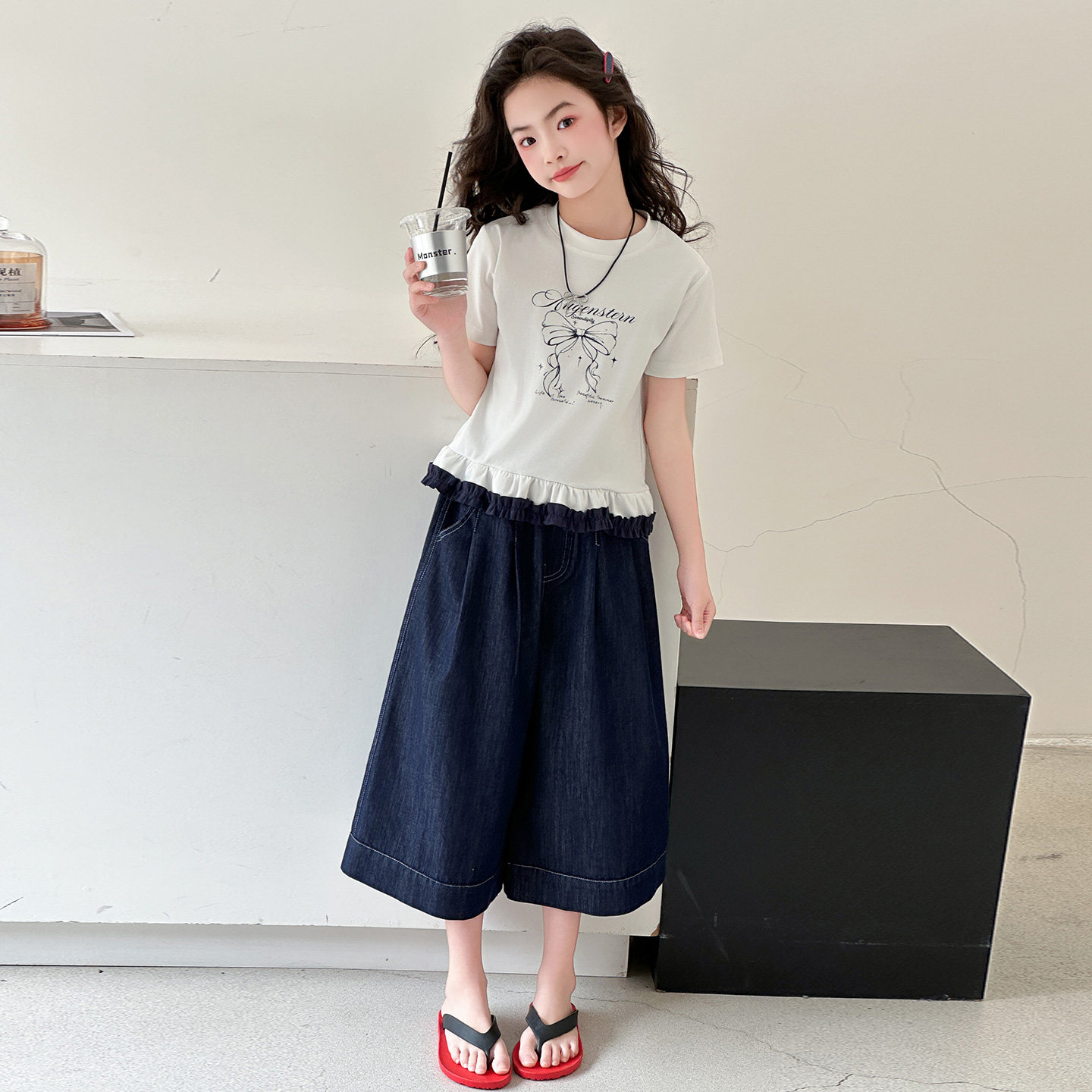 女童夏季短袖牛仔中裤两件套