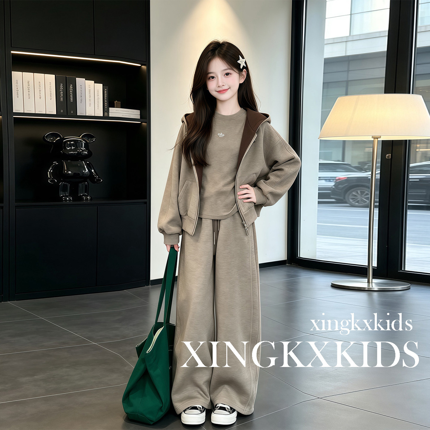 女童春秋连帽卫衣阔腿裤两件套