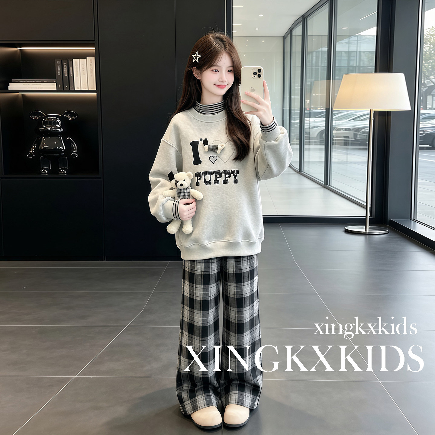女童加绒加厚卫衣格子裤两件套