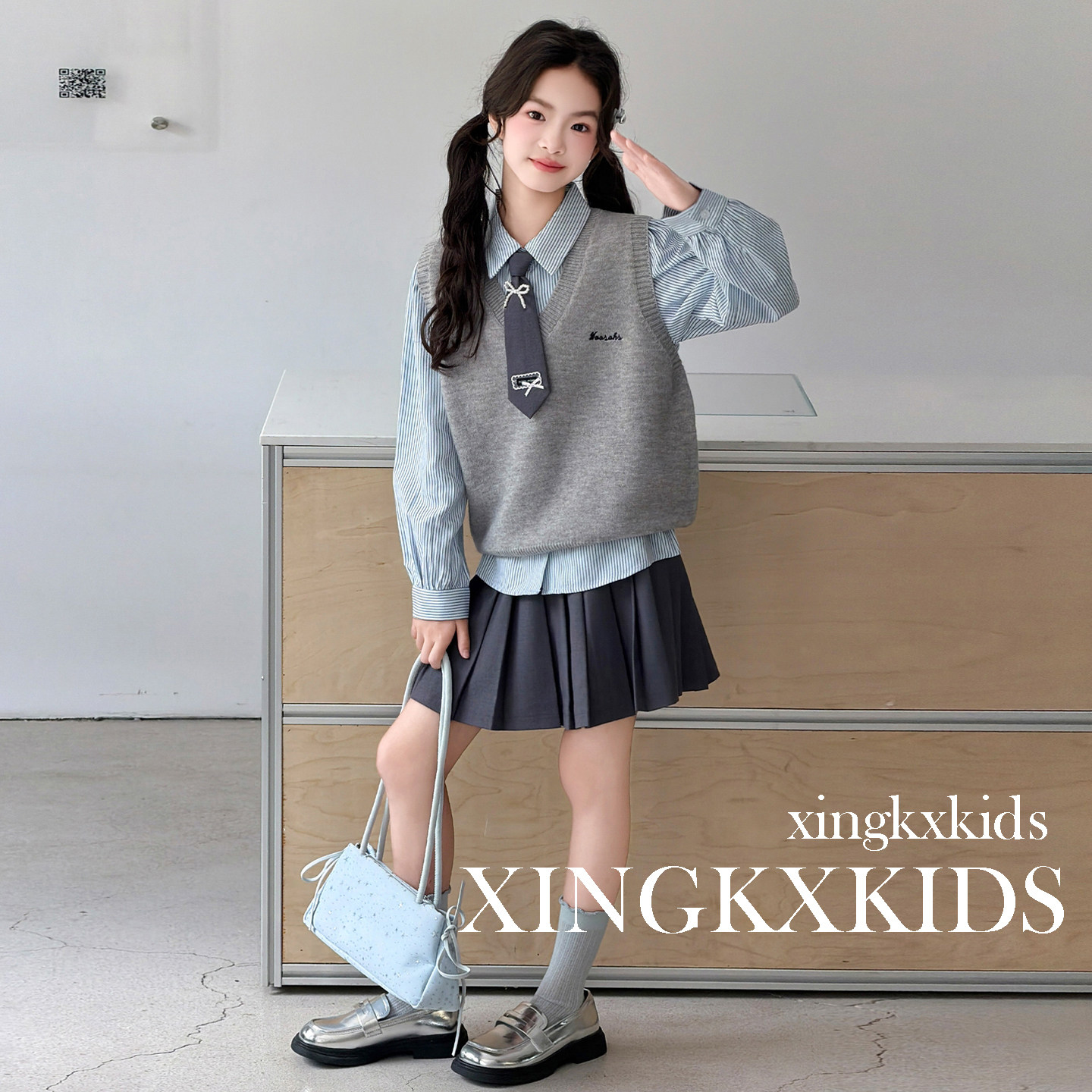 女童春秋JK制服马甲衬衫百褶裙
