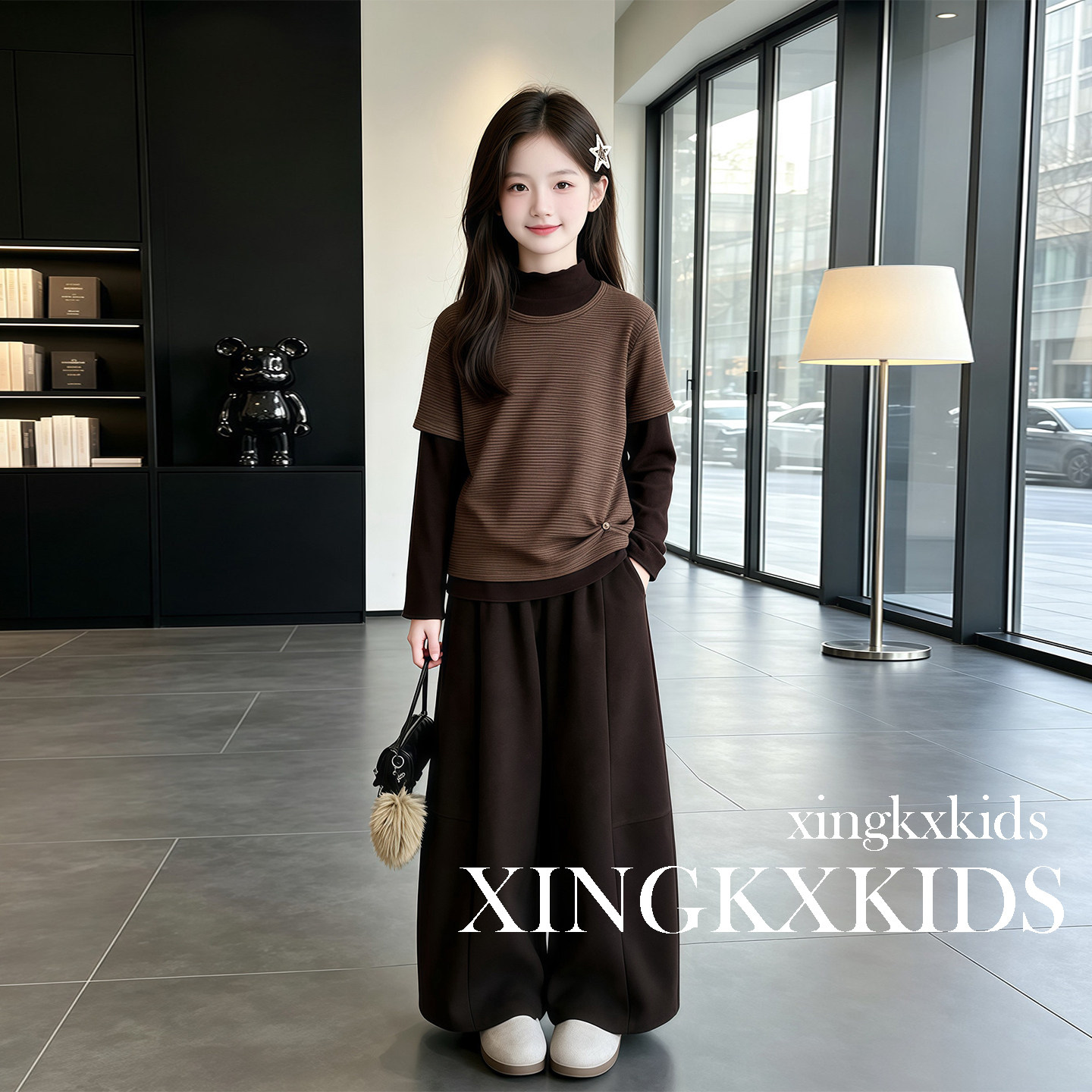 秋冬女童加绒加厚毛呢阔腿套装