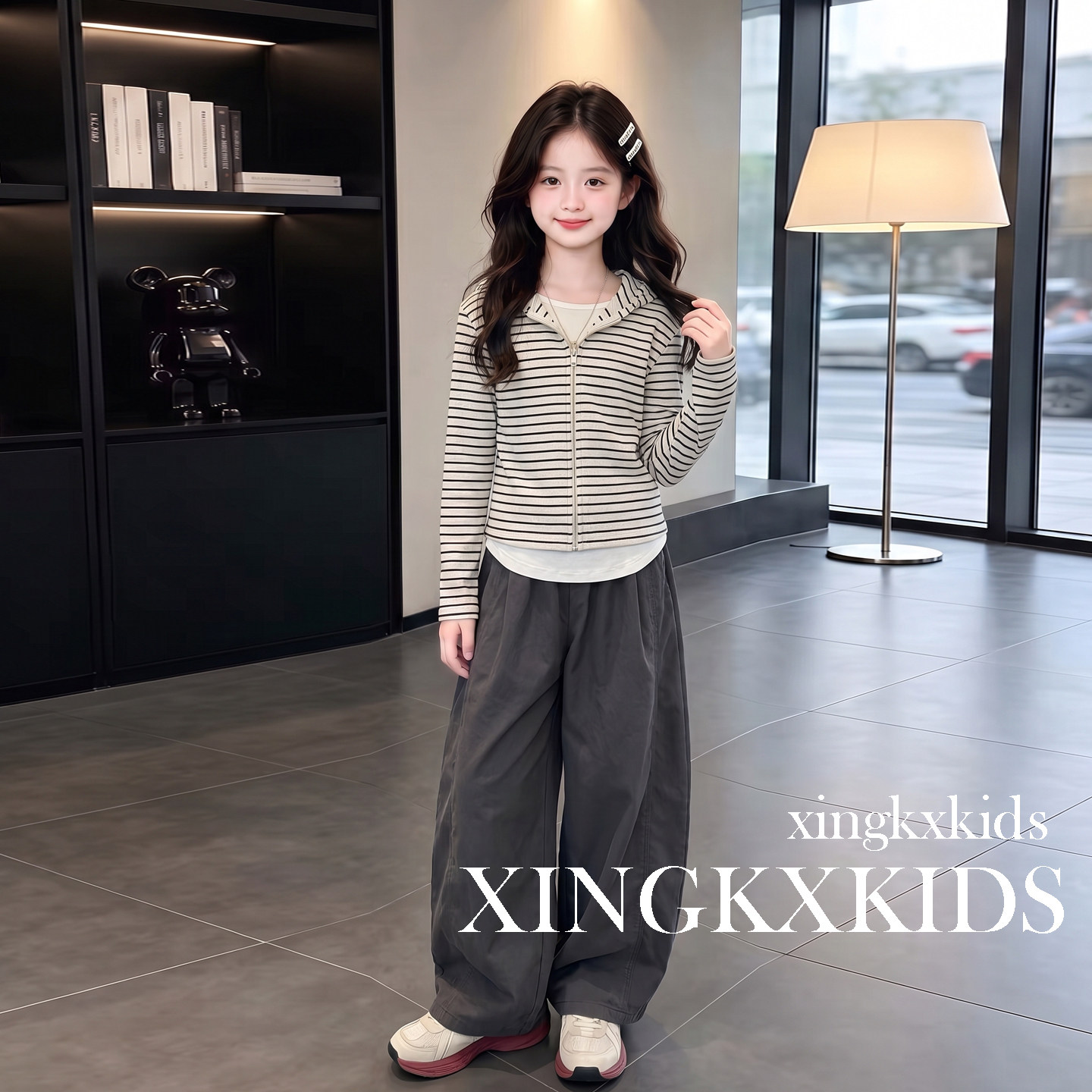 女童春秋韩系条纹连帽卫衣套装