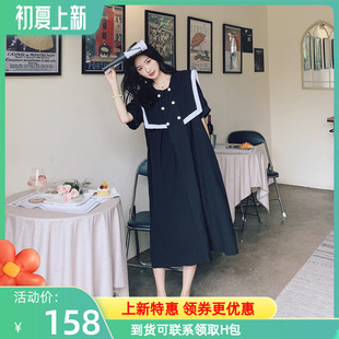 海軍領赫本黑色連衣裙夏顯瘦設計感小眾韓版 長裙 寬鬆學生減齡法式
