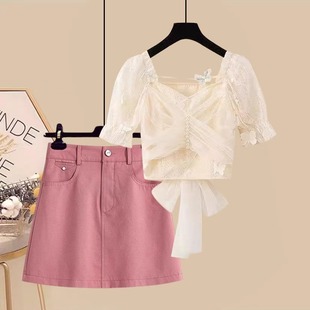 百搭短袖 进口夏季 韩系气质时尚 女2023新款 高腰半身裙 轻熟风套装
