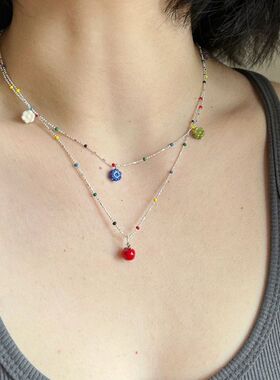 进口多巴胺夏日彩色琉璃串珠吊坠项链女可爱苹果捷克珠花朵锁骨