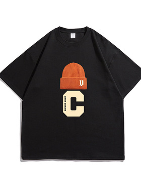 进口短袖T恤男夏季新款美式潮牌橙色帽子C印花宽松纯棉情侣装半