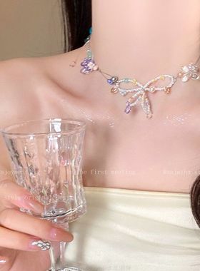 进口夏日多巴胺蝴蝶结花朵项链女2025新款绝美锁骨链甜美可爱超