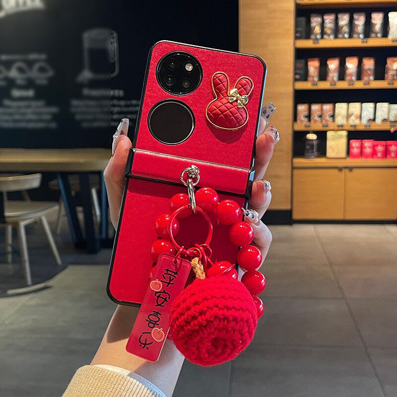 进口红皮质兔头适用华为PocketS手机壳新款折叠本命年p50宝盒保护套超