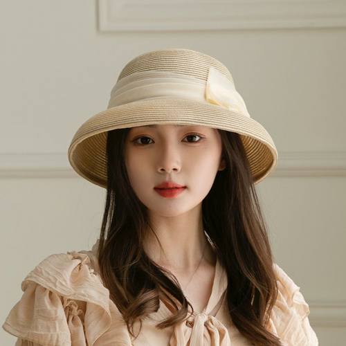 进口春夏新款欧根纱蝴蝶结草帽女沙滩帽法式复古大檐渔夫帽可折