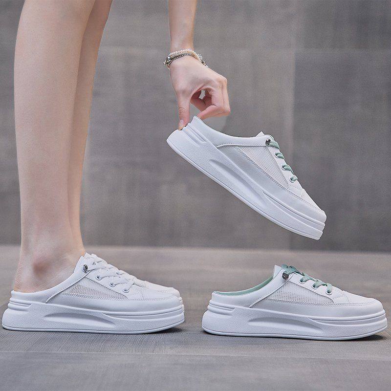 进口包头半托鞋子女2025春夏新款橡胶软底系带套脚网纱透气轻便