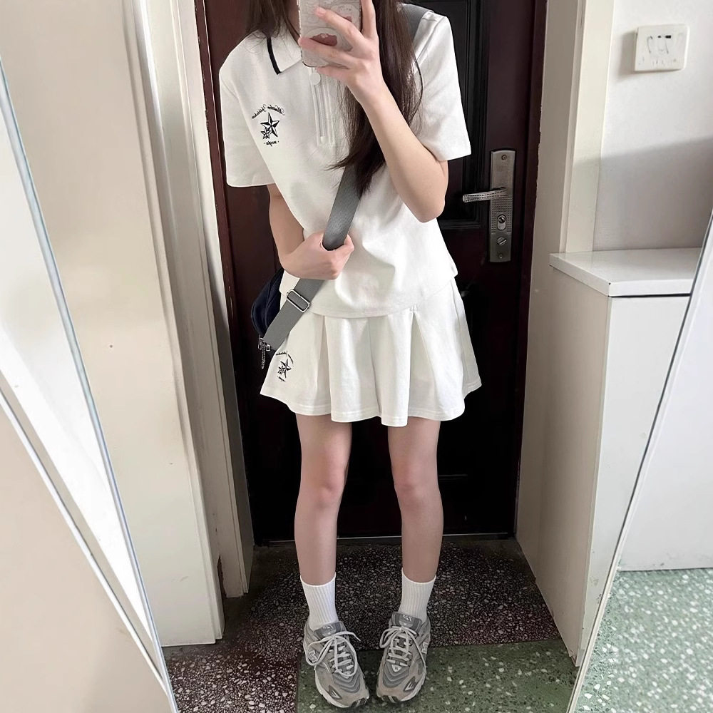 进口韩版跨境外贸学院风休闲运动套装女夏季新款少女短袖裤裙两