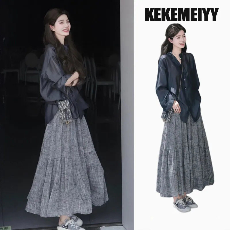 进口夏季一整套穿搭女2024新款韩版茶系设计感衬衫高腰半身裙两