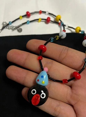 进口克莱因蓝国潮米珠串珠项链小众设计猫眼石小象吊坠锁骨链