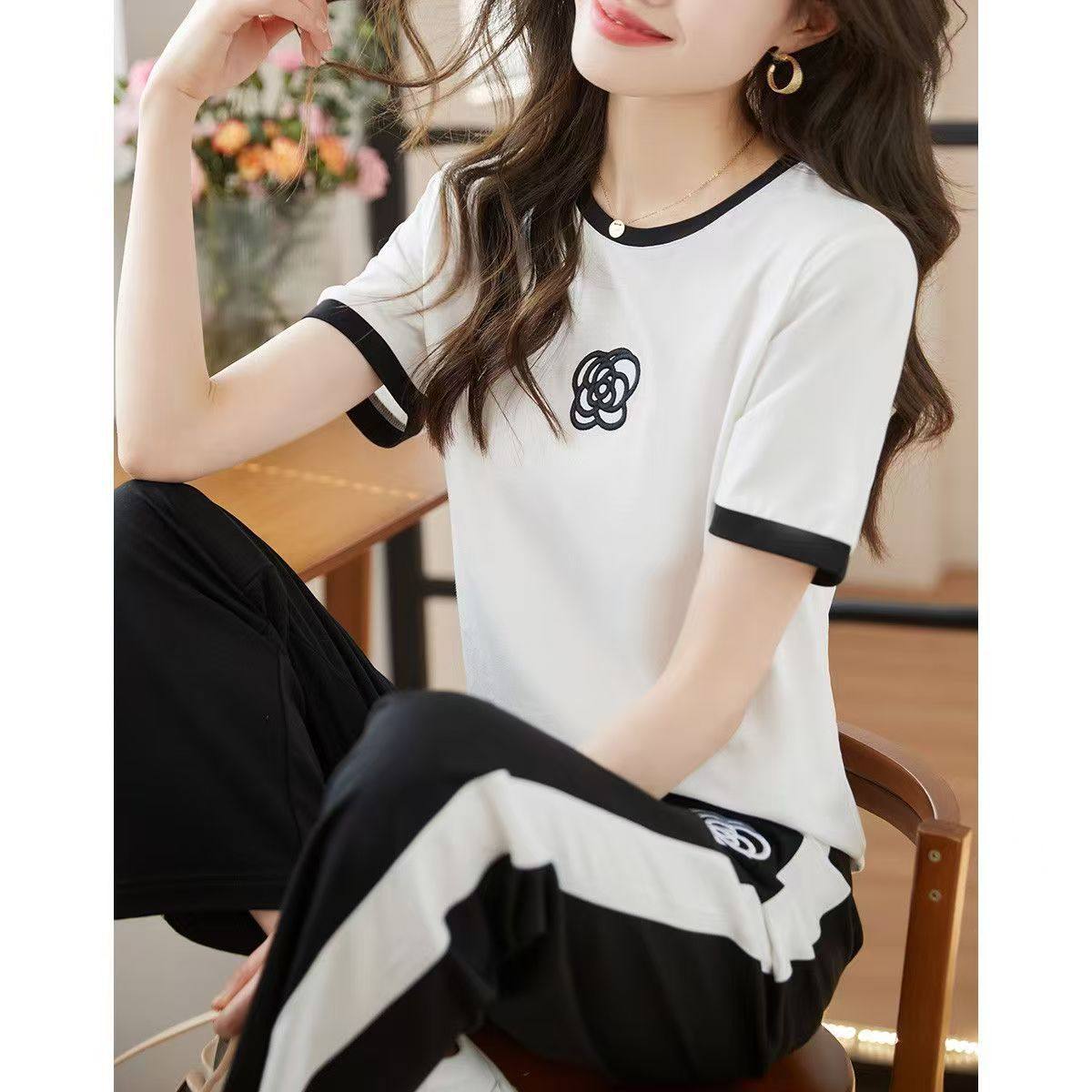 进口跨境夏季休闲时尚衣服女套装新款设计感短袖阔腿裤宽松显瘦