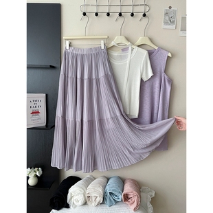 进口【小个子款裙长76】雨雾紫藤色大摆压百褶蛋糕长裙女夏温柔