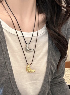 进口一眼相中！韩系牛角包皮绳项链女简约ins风百搭锁骨链长款