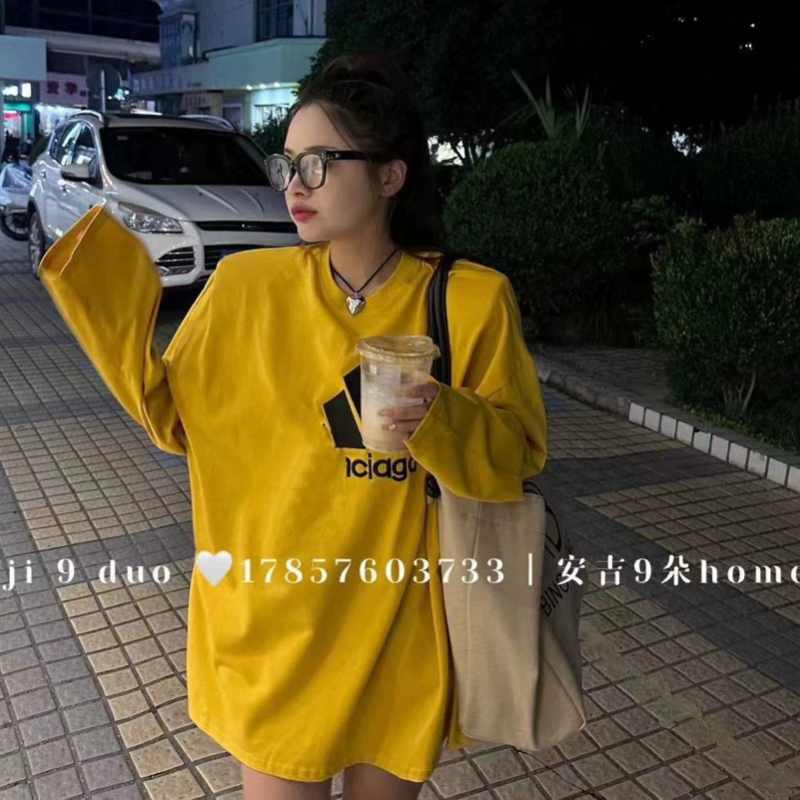 2024早秋新款字母刺绣图案中长款长袖大版T恤宽松打底衫卫衣ins女