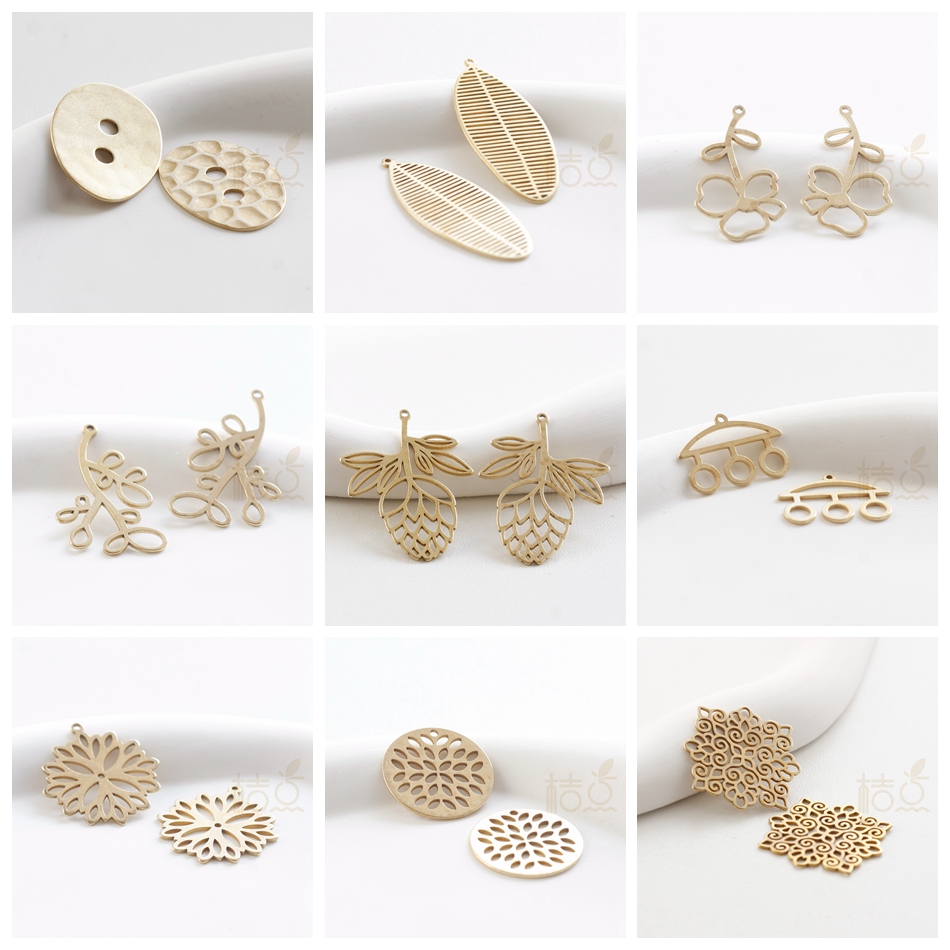 DIY饰品黄铜配件几何图形花树叶纽扣镀金银古色自然挂件(4906C)