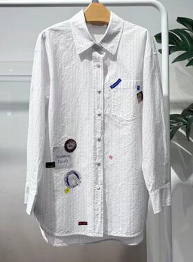 小麦檬2026春季新款趣味印花衬衫白色条纹长袖翻领上衣4H2220291