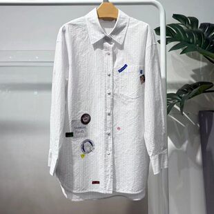 小麦檬2026春季新款趣味印花衬衫白色条纹长袖翻领上衣4H2220291