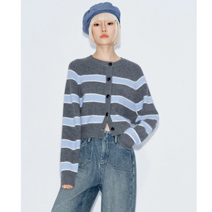 小麦檬2025冬季新款条纹撞色拼接针织百搭毛衫开衫毛衣4FA235891