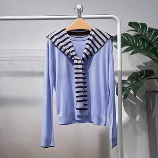 MM麦檬26春季款浅蓝条纹假两件披肩领针织衫女百搭毛衣4H2131281