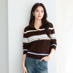 伊芙丽条纹撞色时髦羊毛毛针织衫女2025冬季新款百搭休闲毛衫女