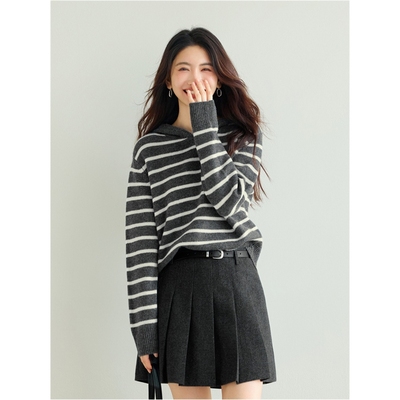 蒋欣代言伊家纯羊毛带帽条纹套头针织衫上衣毛衫2025冬季新款