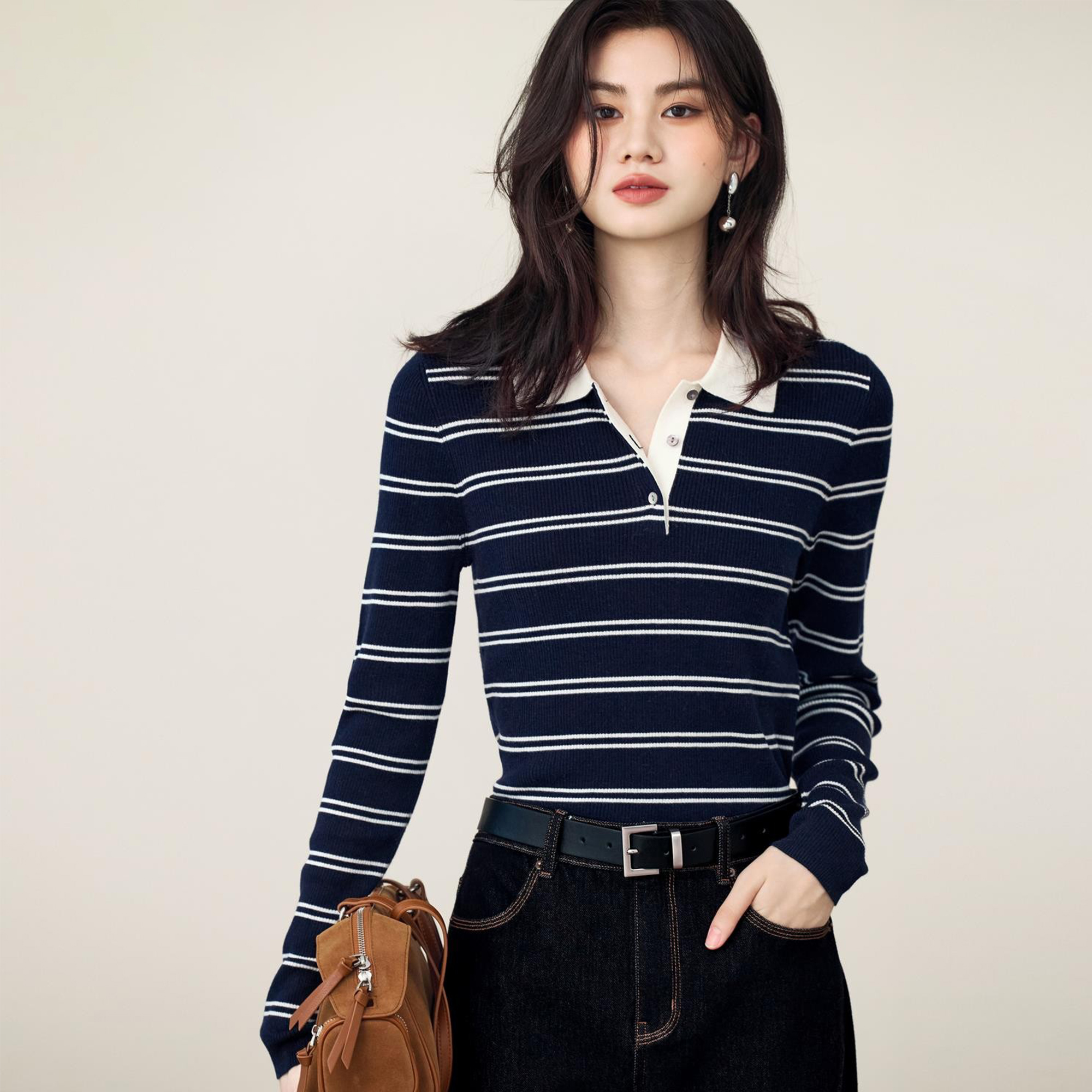 蒋欣代言伊折扣羊毛POLO领撞色高智感条纹针织衫2025秋季新款上衣