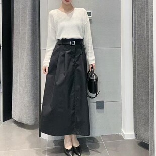 MM麦檬商场同款25春季新款超长高腰显瘦配腰带A字半身裙5G3140281