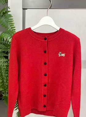 MM麦家商场同款25冬新款百搭圆领红色针织开衫毛衣女3GC130091