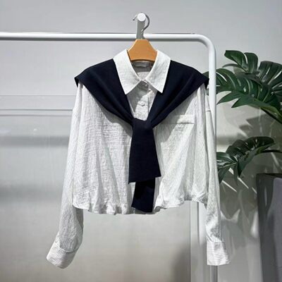 MM麦檬2026春季新款通勤白色条纹长袖披肩衬衫直筒上衣5H3220261